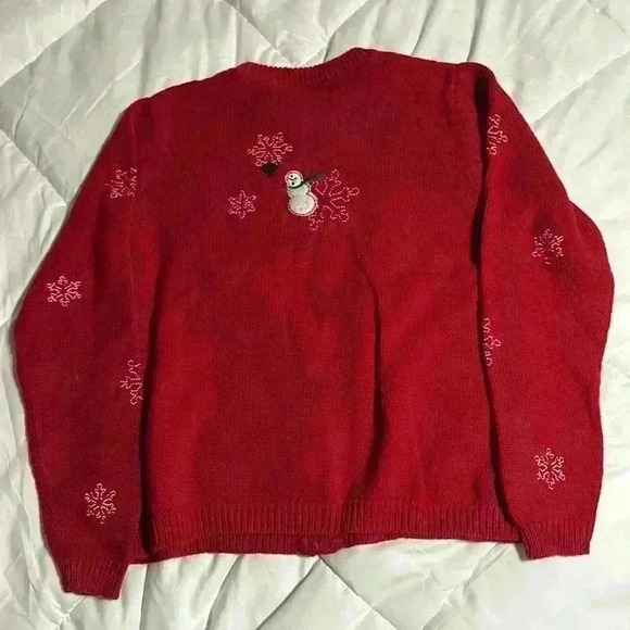 Red Snowman Snowflake Applique Embroidered Womens Zip up Knit Cardigan Small - Picture 6 of 7